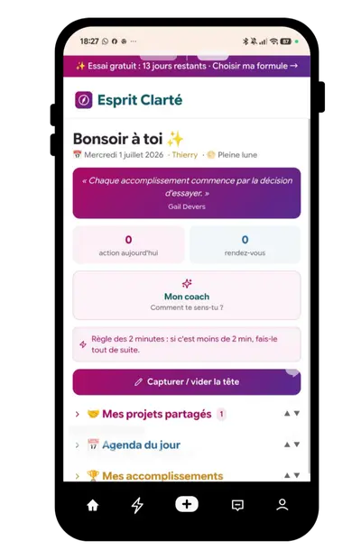 L'écran Aujourd'hui de l'application Esprit Clarté sur un téléphone