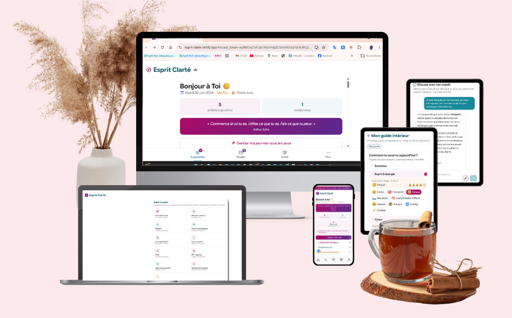 Esprit Clarté sur ordinateur, tablette et téléphone, synchronisé